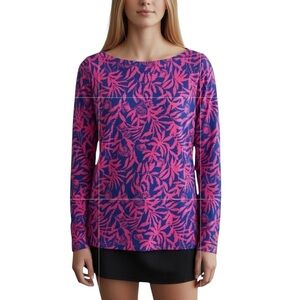 Lilly Pulitzer Long Sleeve Aleah Floral Pink and Blue Cotton Blend Womens Top XL